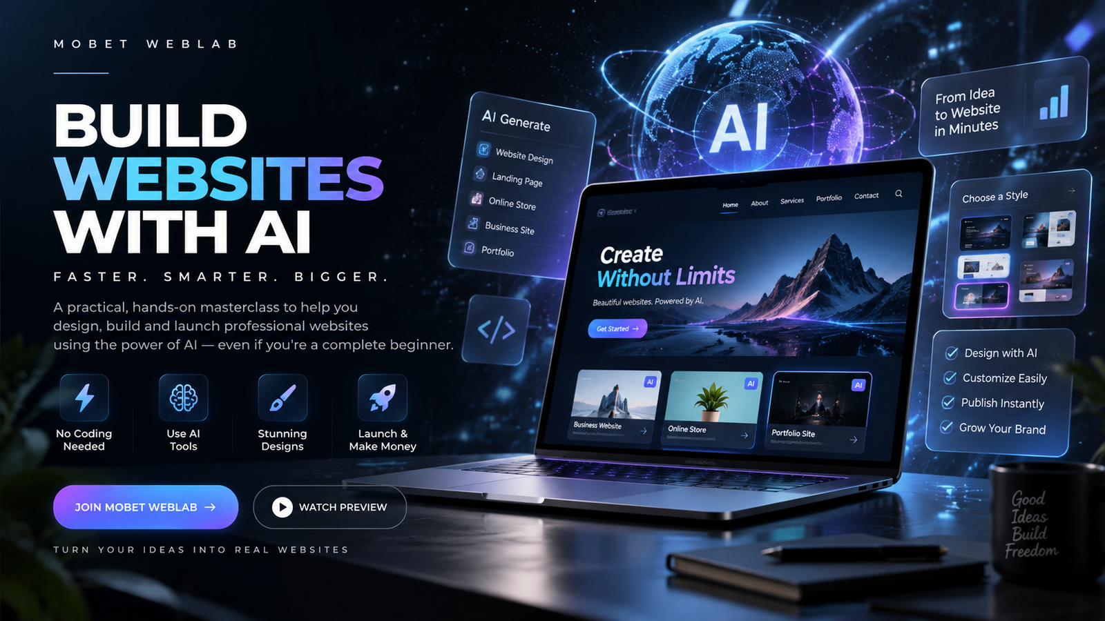 Futuristic AI website creation interface for Mobet WebLab